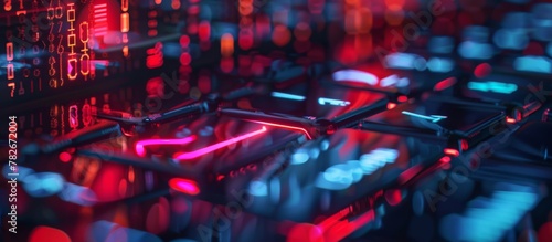 Close-up view of a keyboard with illuminated red light emitting from it, focusing on the keys and buttons