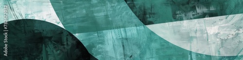 An abstract painting featuring green and white shapes on a cerulean green background. Banner.