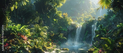 Fototapeta Naklejka Na Ścianę i Meble -  A fantastical jungle scene, where flora and fauna weave an enchanted tapestry