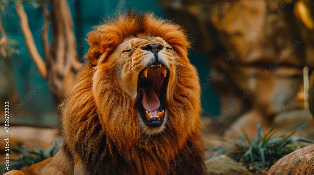 color photo of a powerful roaring lion, its mane bristling and teeth bared, a scene that captures the intensity and predatory prowess of this apex predator, color photo of a powerful roaring lion, its mane bristling and teeth bared, a scene that captures the intensity and predatory prowess of this apex predator,