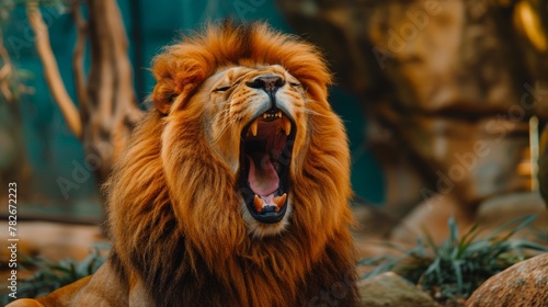 color photo of a powerful roaring lion  its mane bristling and teeth bared  a scene that captures the intensity and predatory prowess of this apex predator   