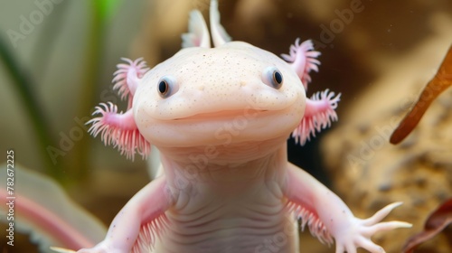 color photo of a rare axolotl, its pale pink skin adorned with delicate fringed gills, its tiny limbs and endearing smile-like expression making it a true embodiment of cuteness