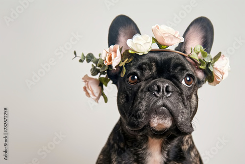 French bulldog with a wreath of delicate flowers on its head