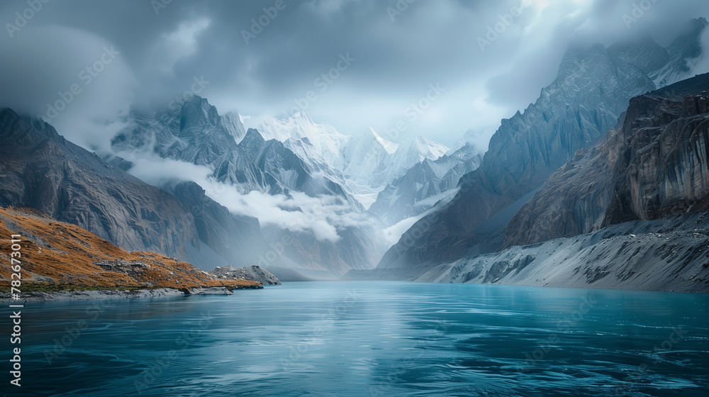 Scene of a turquoise glacial lake nestled among towering mountain peaks shrouded in misty clouds.