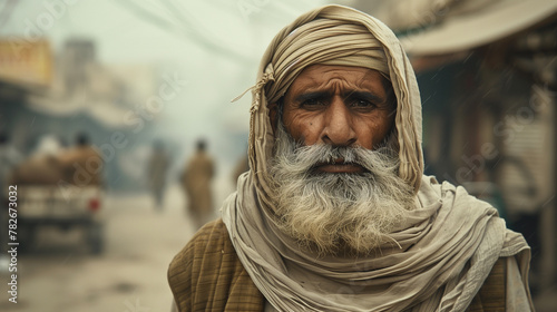 A portrait of a elderly man wearing a turban, with a warm smile, standing in a bustling village street.