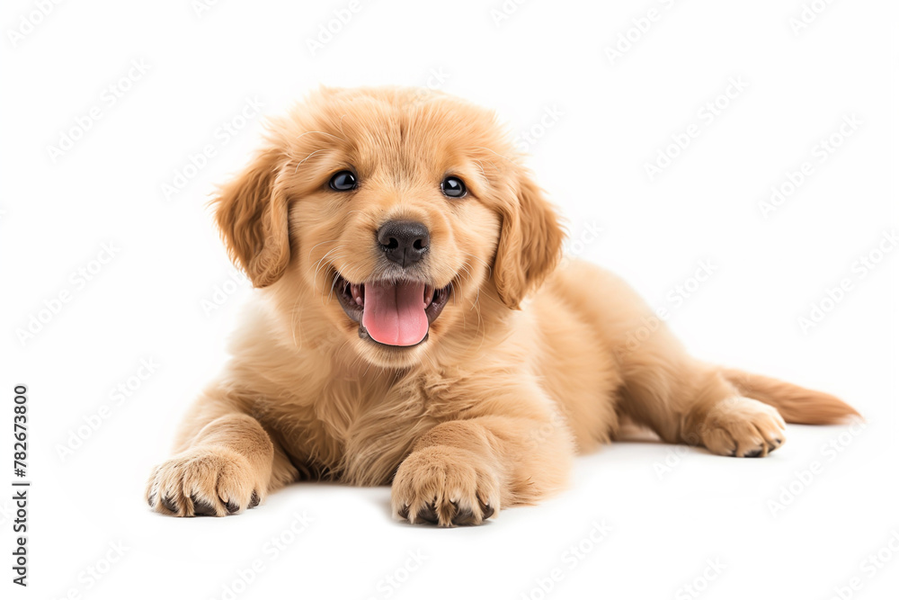 A delightful golden retriever puppy rests on a white surface, wearing a joyful expression. A delightful golden retriever puppy rests on a white surface, wearing a joyful expression.