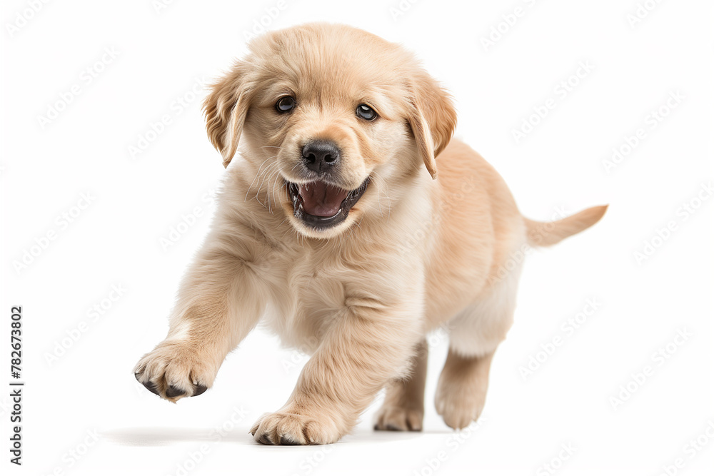 A gleeful golden retriever puppy strolls across a white surface, sporting a joyous expression.