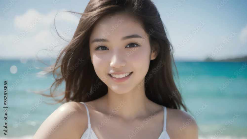 Asian woman with long hair wearing a swimsuit at the sea and making a cute face. Generative AI Asian woman with long hair wearing a swimsuit at the sea and making a cute face. Generative AI