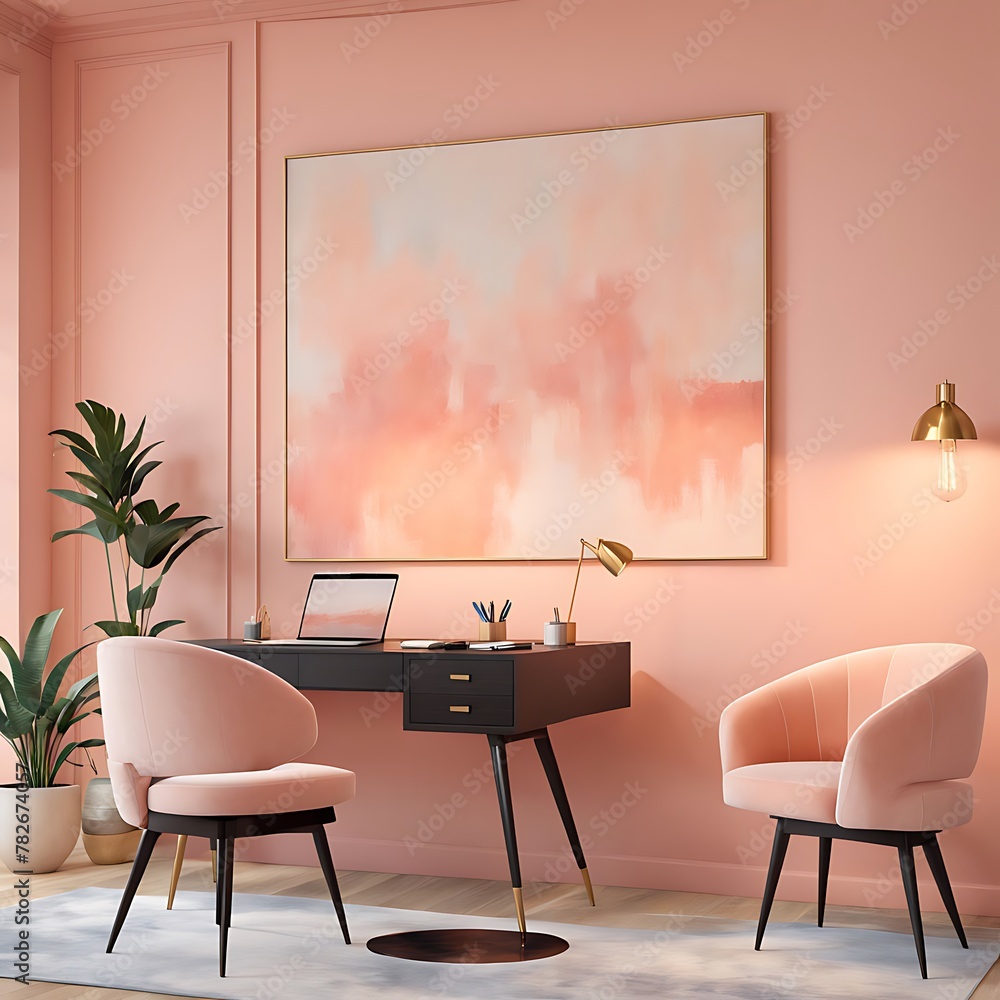 Fototapeta premium Workplace in Peach Fuzz color trend. Painted walls and rich furniture - chairs and table with lamp. Pastel painting background. Large home office 