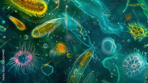 A colorful microscopic image of various types of phytoplankton and zooplankton together showing the symbiotic relationship between photo