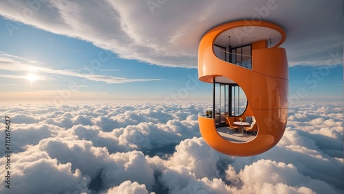 new small apartment, orange color,  literally flying on the clouds, the idea is to convey the apartment is flying over the clouds, curved architecture, inside view photo