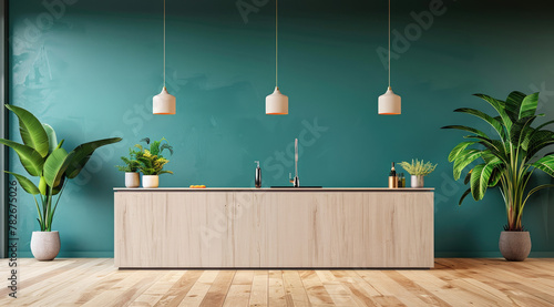 a green wall in an open kitchen with light wood flooring and chairs, complemented in the style of pendant lights hanging above the island bar