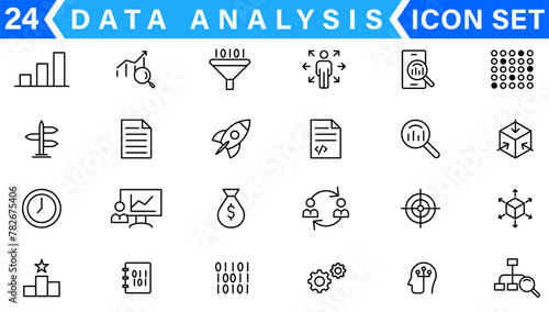 Data analysis thin line icon set. Data processing outline pictograms for website and mobile app GUI. Digital analytics simple UI, UX vector icons