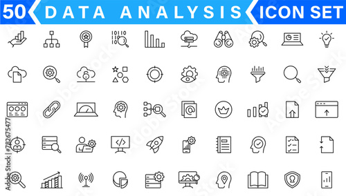 Data analysis line icons set. Analytics, server, mining, data filter, traffic, AI, hosting, monitoring. Statistics and analytics outline icons collection
