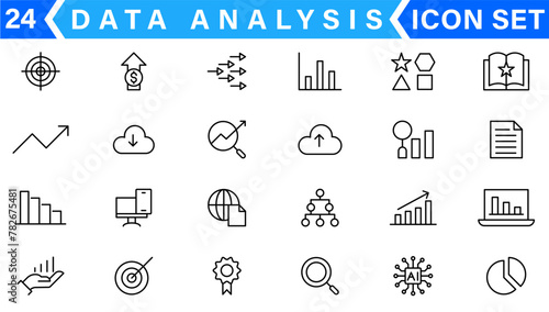 Data analysis line icons set. Analytics, server, mining, data filter, traffic, AI, hosting, monitoring. Statistics and analytics outline icons collection