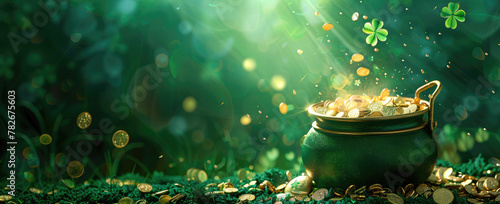 St Patrick's Day banner with pot of gold and shamrock leaves on green background, blank space for text or message. Shiny cauldron filled with golden coins, falling clover leaf, traditional Irish celeb © Kien