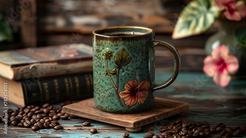 A rustic ceramic coffee mug with a hibiscus flower design in a unique design. Stylish and authentic coffee mug with coffee beans on the side.