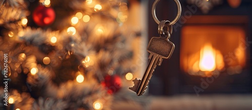 Key suspended from a circular key ring displayed in front of a festive Christmas tree