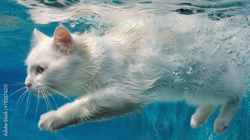 color photo of an enchanting Turkish Van cat gracefully diving into the water, its silky white coat contrasting against the vibrant blue, capturing a moment of pure feline elegance