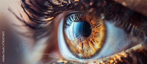 A detailed view of a human eye featuring a unique gold iris color, showcasing intricate textures and fine details © LukaszDesign