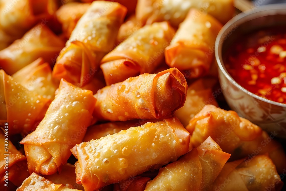 Close-up of golden fried spring rolls with a bowl of chili sauce. Macro food photography. Asian cuisine and snack concept. Design for restaurant menu, culinary blog, recipe book. Close-up of golden fried spring rolls with a bowl of chili sauce. Macro food photography. Asian cuisine and snack concept. Design for restaurant menu, culinary blog, recipe book.