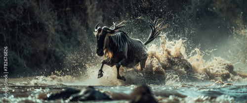 A group of wildebeest run through the river in their typical way, splashing water and creating big waves on its path © Kien