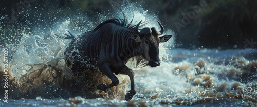 A group of wildebeest run through the river in their typical way  splashing water and creating big waves on its path
