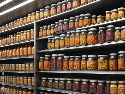 Lot of jars with vitamin supplements on a shelf in a supermarket - generated by ai