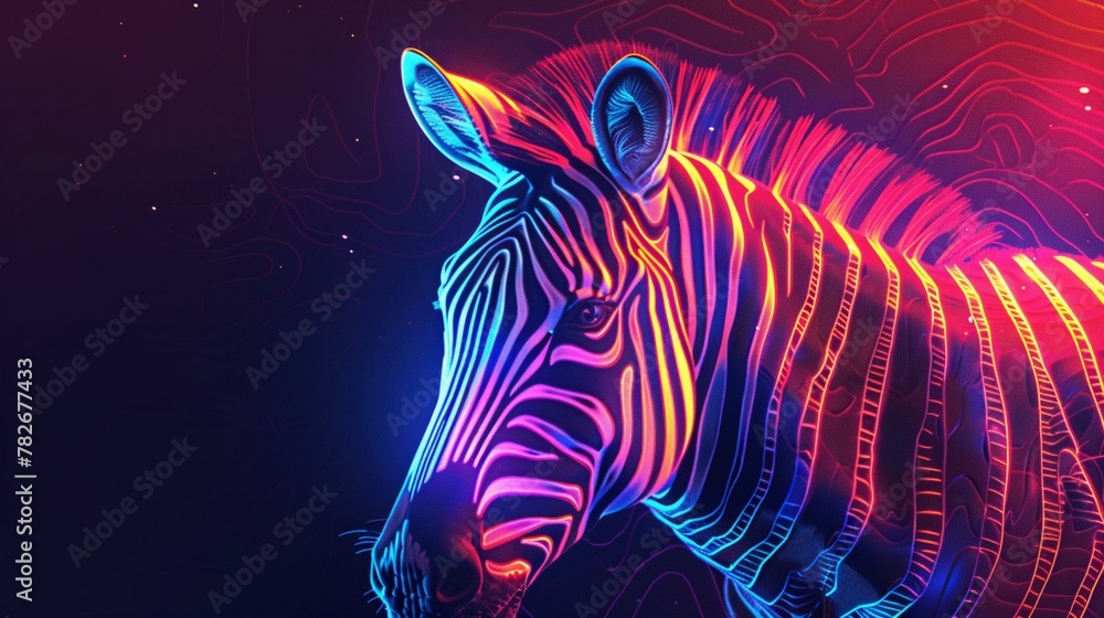 Fototapeta premium Glowing zebra stripes transitioning to neon geometric patterns
