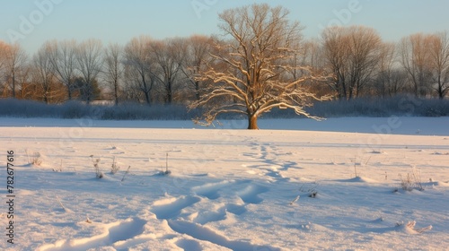 color photo of the breathtaking golden hour light illuminating a solitary oak tree, its elongated shadow stretching across a tranquil snow-covered field, 