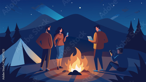 A group of friends gather around a campfire their faces illuminated by the glow of their phones as they video call a mutual friend who couldnt
