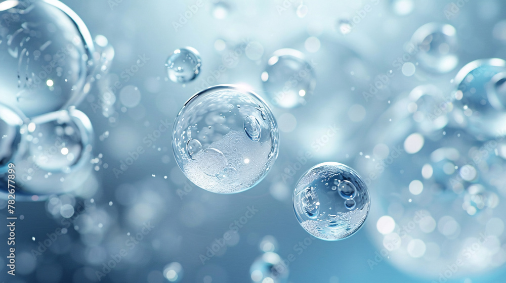 Water droplets water molecules and bubbles on blue white background Water droplets water molecules and bubbles on blue white background