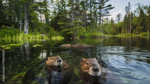 A family of beavers swimming in a clear clean pond surrounded by tall trees. On the shore a beaver dam can be seen providing shelter for a variety of plant and animal life. This illustrates .