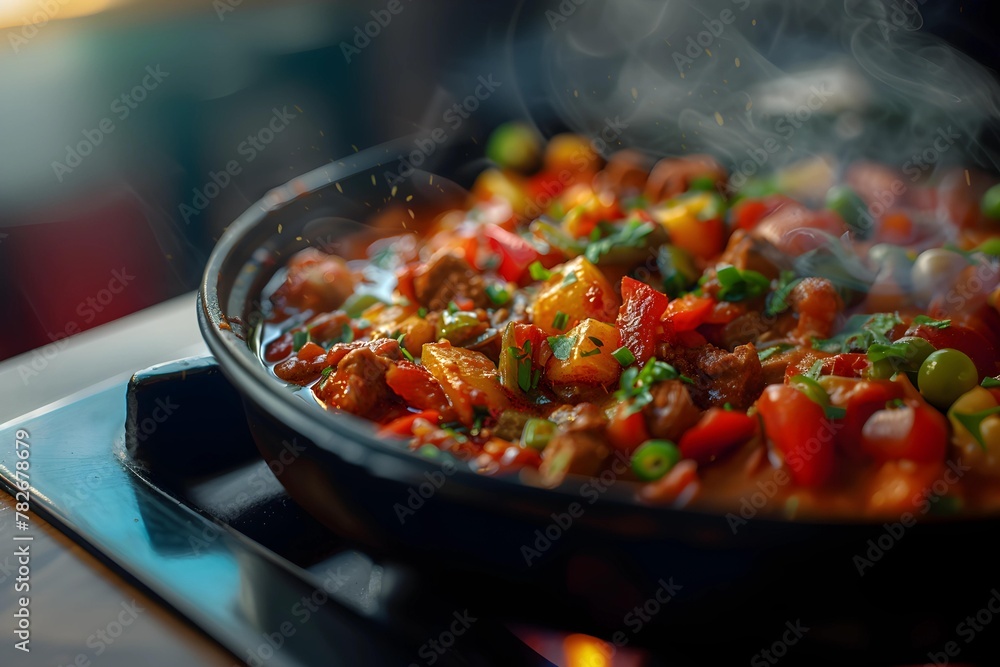 Sizzling beef stir-fry with vegetables in a black bowl. Close-up culinary photography with steam. Asian cuisine and hearty meal concept. Design for food blog, recipe book, restaurant menu. Sizzling beef stir-fry with vegetables in a black bowl. Close-up culinary photography with steam. Asian cuisine and hearty meal concept. Design for food blog, recipe book, restaurant menu.