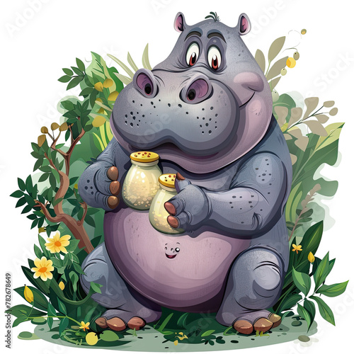 A playful cartoon hippo sitting in the grass, savoring a mouthful of sweet honey Isolated on transparent