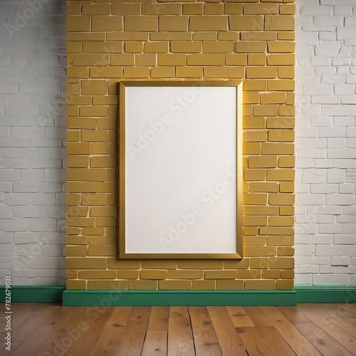 empty room with a frame on a golden brick wall (ID: 782679031)