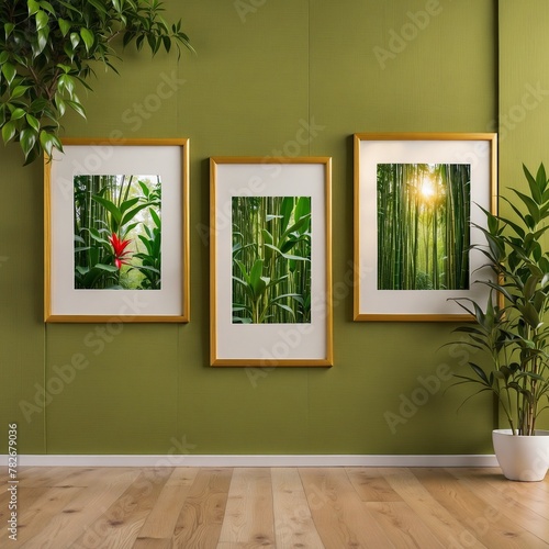Three photo frames on a green wall  (ID: 782679036)