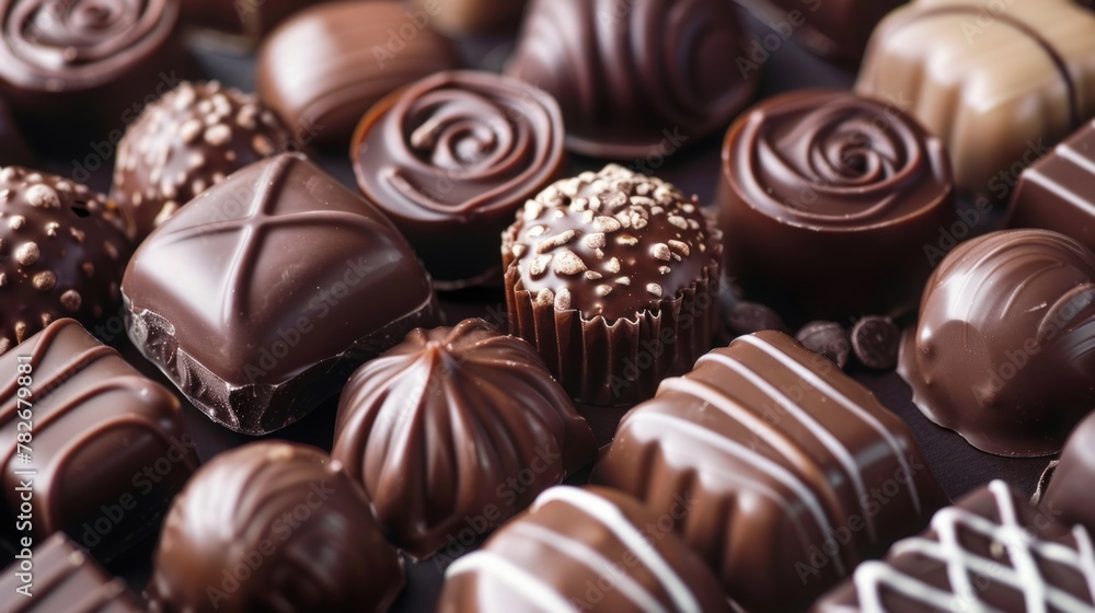 The concept of World Chocolate Day. Various chocolates in dark color. Copy space area for text. Food background The concept of World Chocolate Day. Various chocolates in dark color. Copy space area for text. Food background