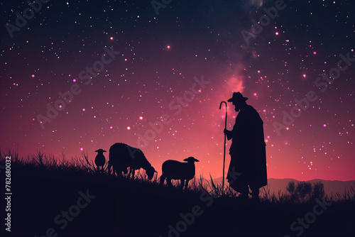 Shepherd Jesus Christ leading the sheep and praying to God. Jesus silhouette background in the field on sunrise. Biblical illustration. Religion concept