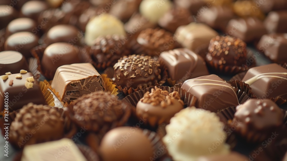 The concept of World Chocolate Day. Various chocolates in dark color. Copy space area for text. Food background The concept of World Chocolate Day. Various chocolates in dark color. Copy space area for text. Food background