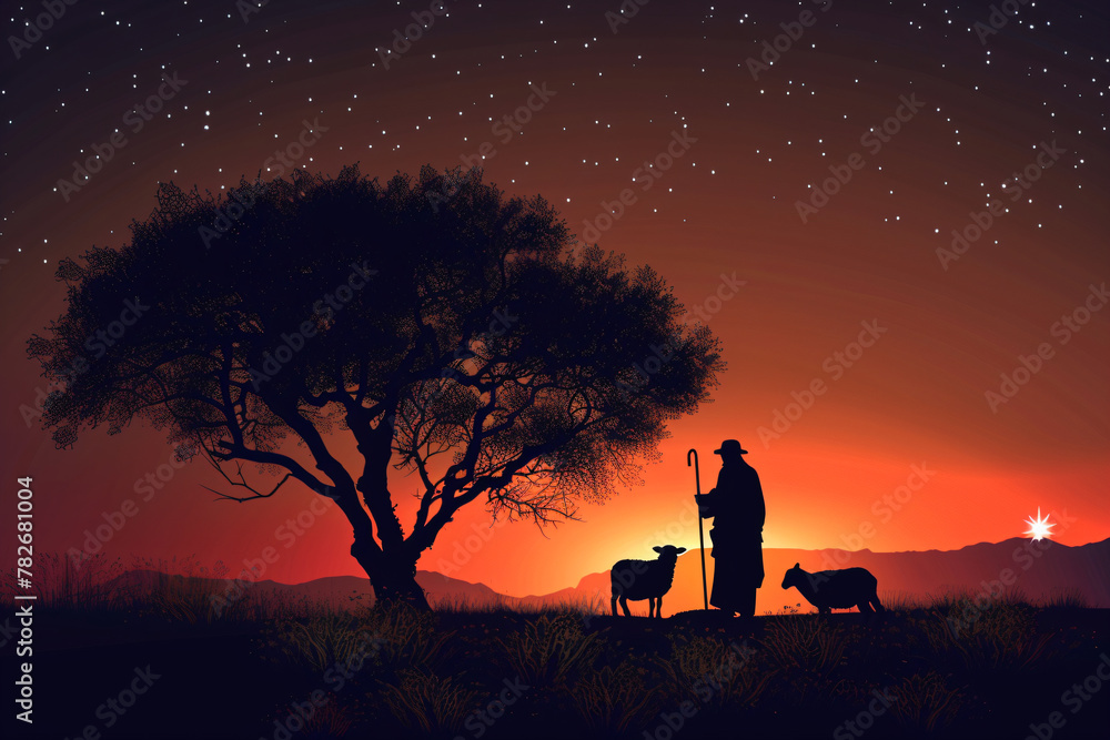 Shepherd Jesus Christ leading the sheep and praying to God. Jesus silhouette background in the field on sunrise. Biblical illustration. Religion concept