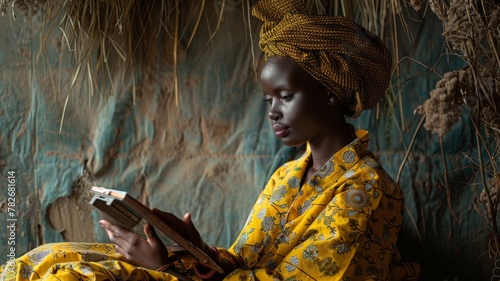 Beautiful young african woman in traditional clothes and hair wrap, using a computer
