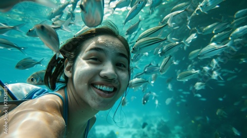 Standing waistdeep in the ocean a marine biologist grins as she watches a curious school of fish swarm around her allowing her to take notes on their behavior. . photo