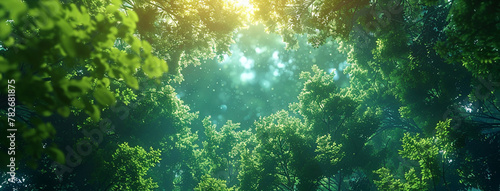 wide panoramic natural background image of morning sunrise coming through trees in a forest   © Sudarshana