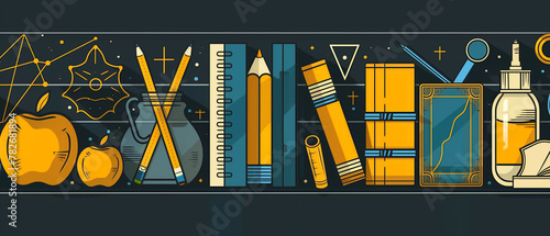 a pixel art illustration of school supplies including books , pencils , a magnifying glass , and an apple photo