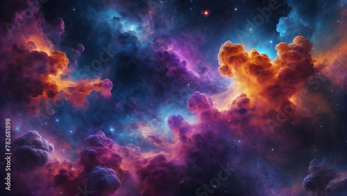 A wallpaper depicting an abstract cosmic cloudscape, with swirling clouds and nebulae in cosmic colors like deep purple, azure blue, and fiery orange against a dark celestial backdrop ULTRA HD 8K