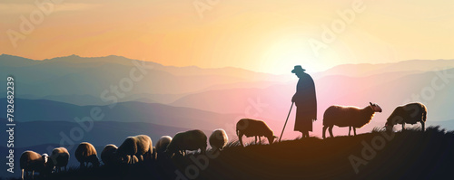 Shepherd Jesus Christ leading the sheep and praying to God. Jesus silhouette background in the field on sunrise. Biblical illustration. Religion concept © ratatosk