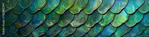 Close-up of overlapping colorful reptilian scales with a lustrous sheen. Banner. Background.