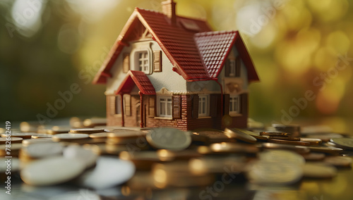 Cartoon concept of a small toy model house on the coin stack, symbolizing investment in real estate, blur background , real estate business concept, dream home