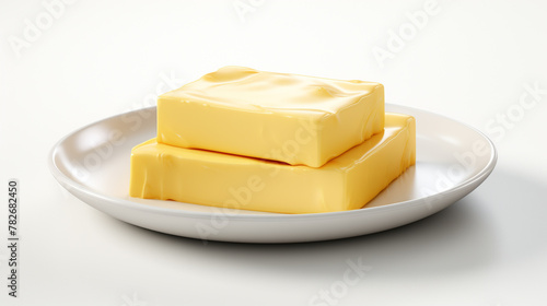 A perfect pat of butter, ready to melt or spread, rendered in hyper-realistic detail, isolated on a simplicity white background, representing the pure and simple pleasure of quality butter, photo
